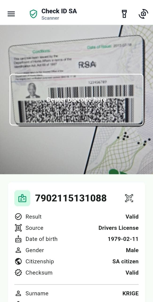 Check ID SA Android scanner screen preview